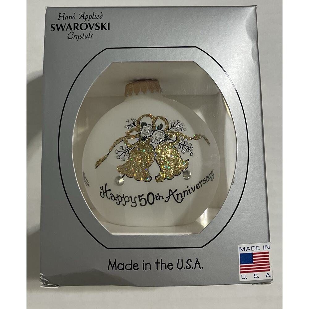 Hand-painted Glass 50th Anniversary Keepsake Ornament w/Swarovski Crystals 3.25”